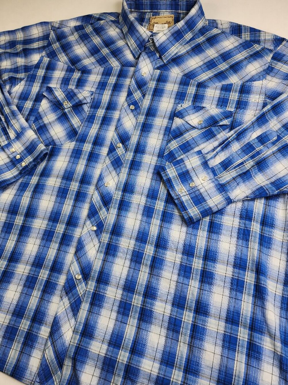 Wrangler Western Mens 3XL Pearl Snap Shirt Blue Plaid Denim Cowboy Rodeo Light